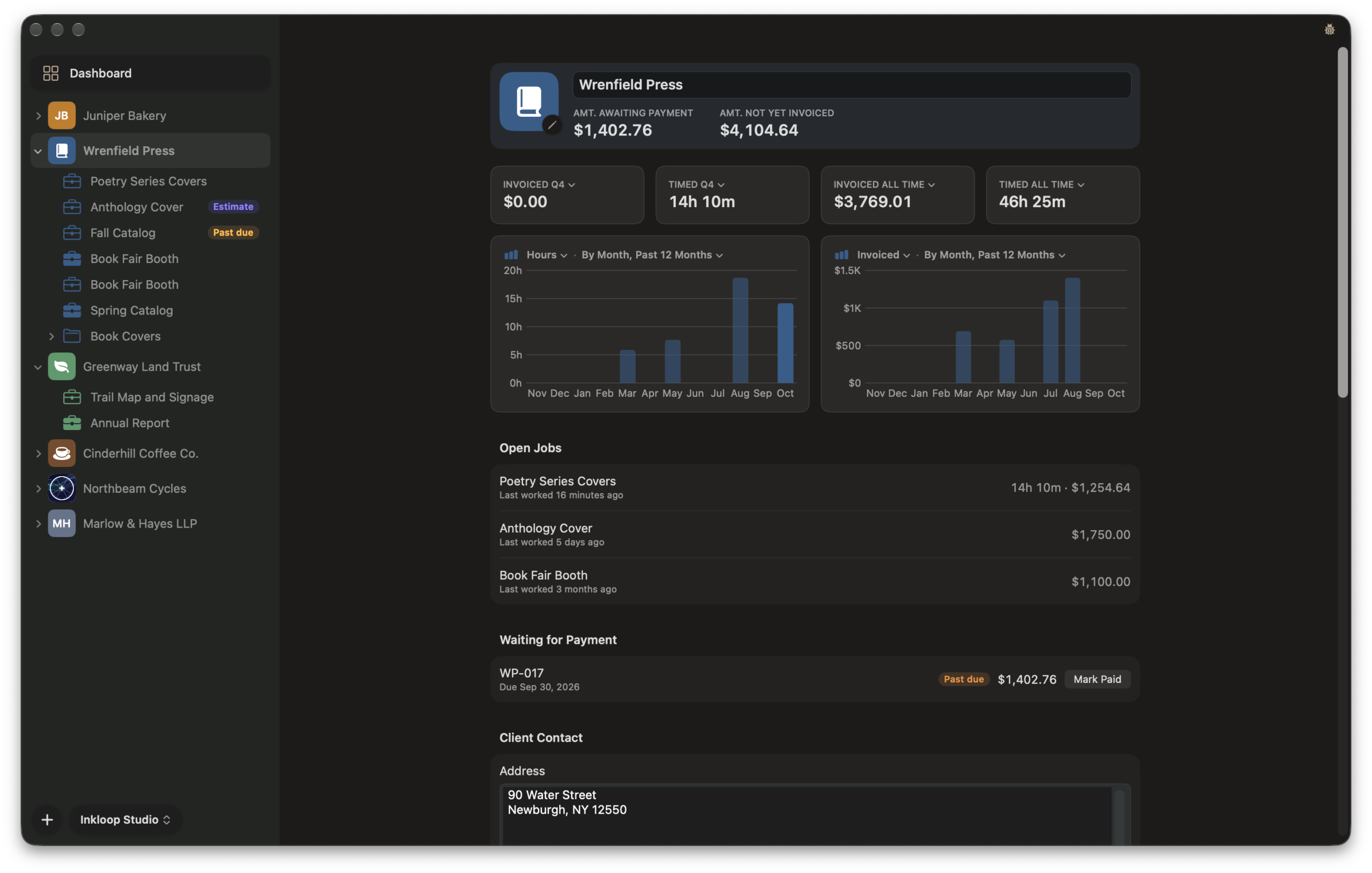 A client's page in MoneyBug in dark mode: what they owe, hours and income charts, and open jobs