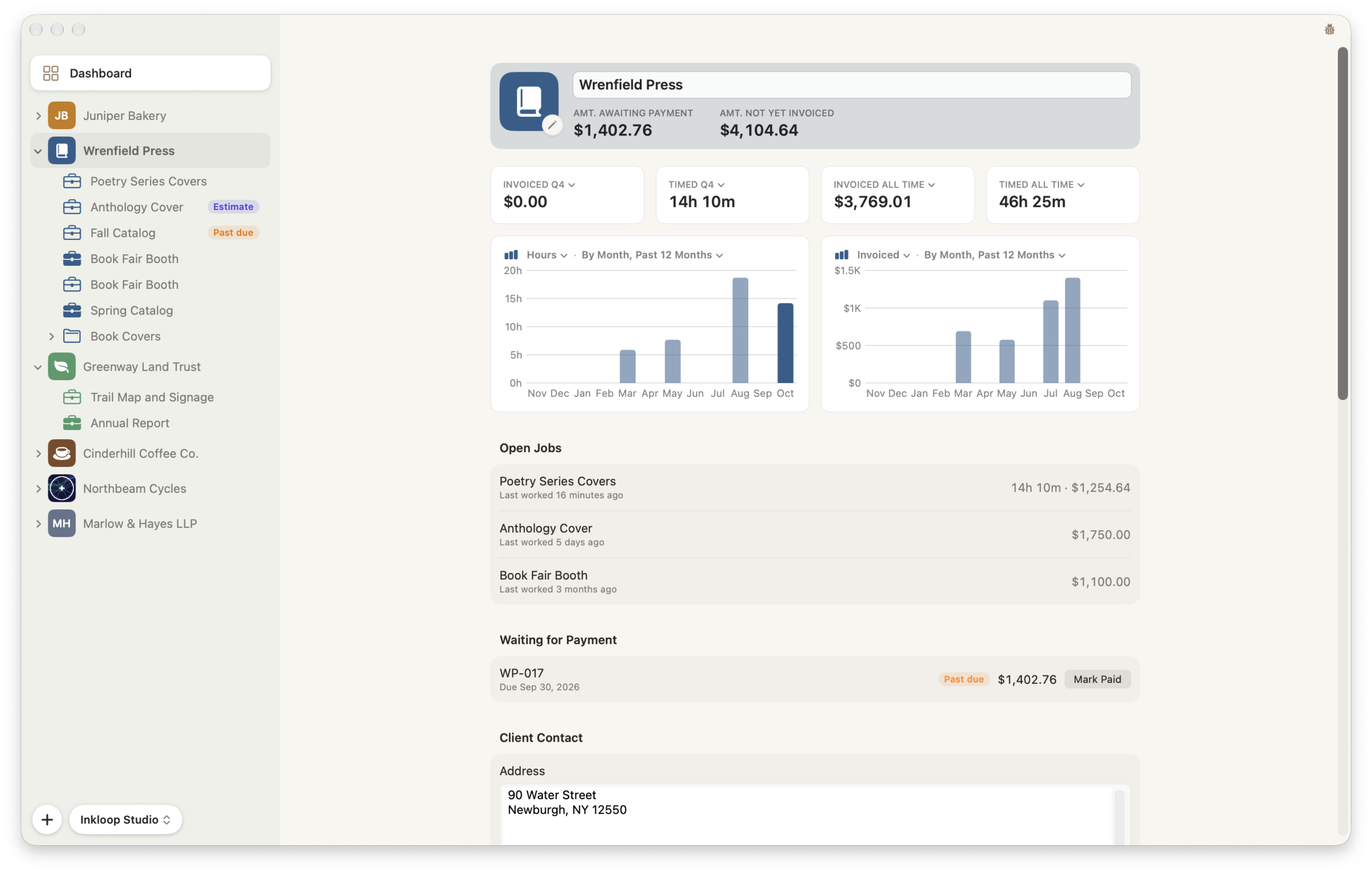 A client's page in MoneyBug in light mode: what they owe, hours and income charts, and open jobs