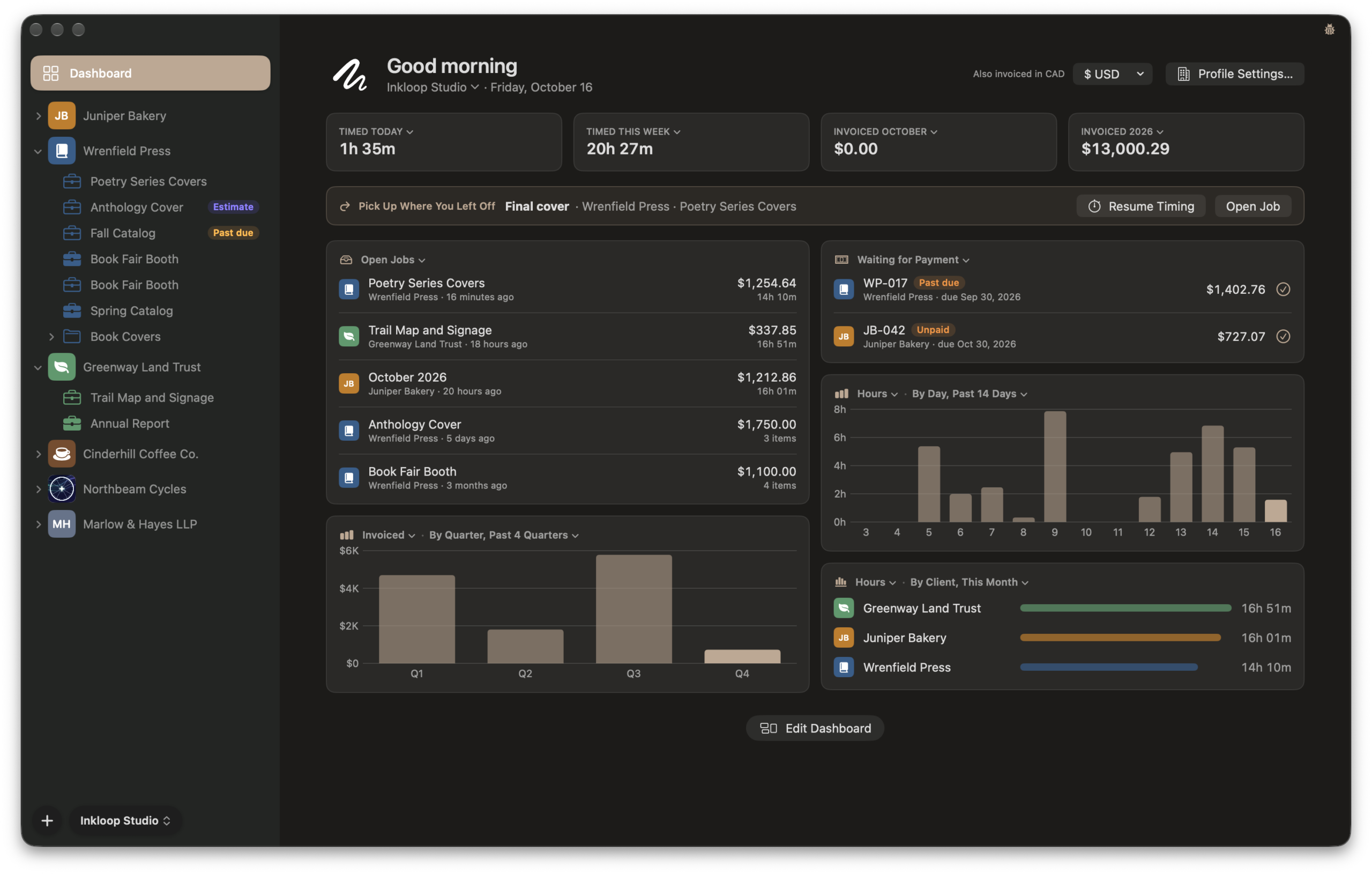 MoneyBug's Dashboard in dark mode: hours, invoiced totals, open jobs and charts