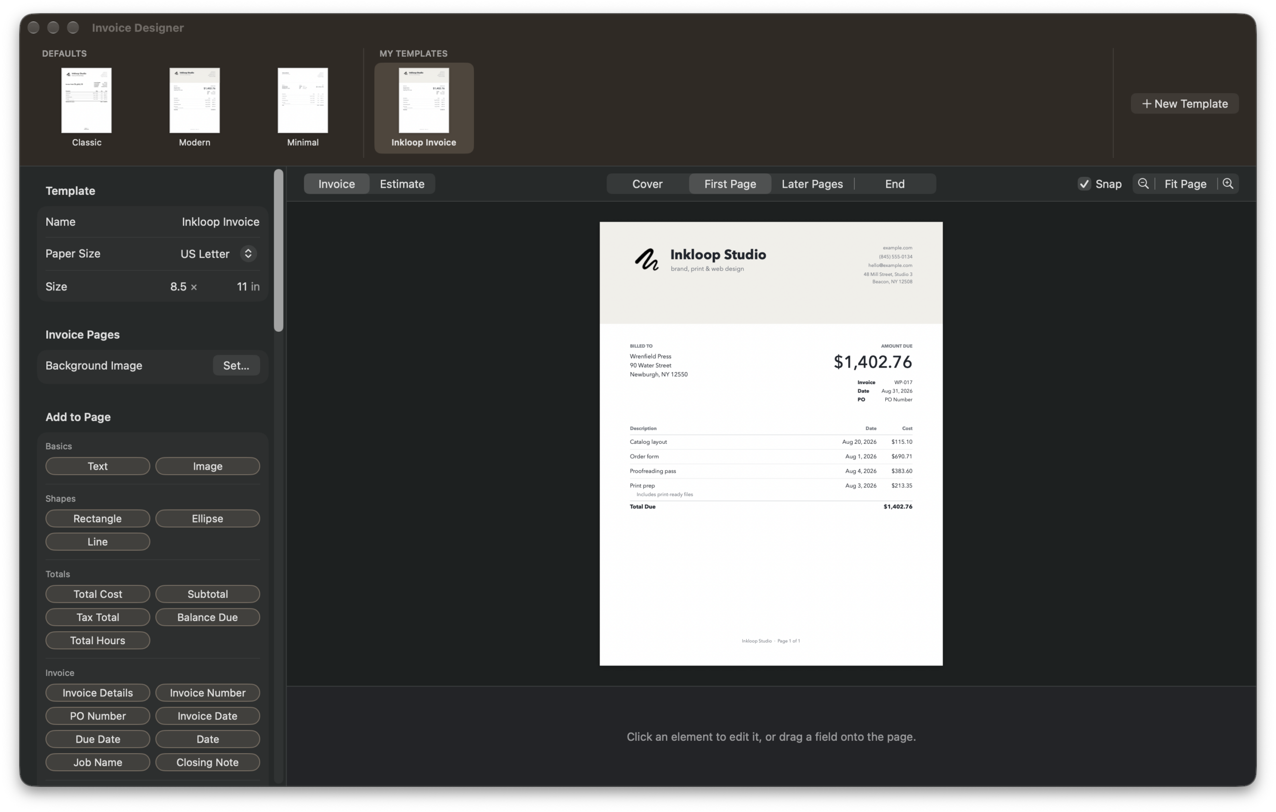 MoneyBug's invoice designer in dark mode, with fields to add to the page