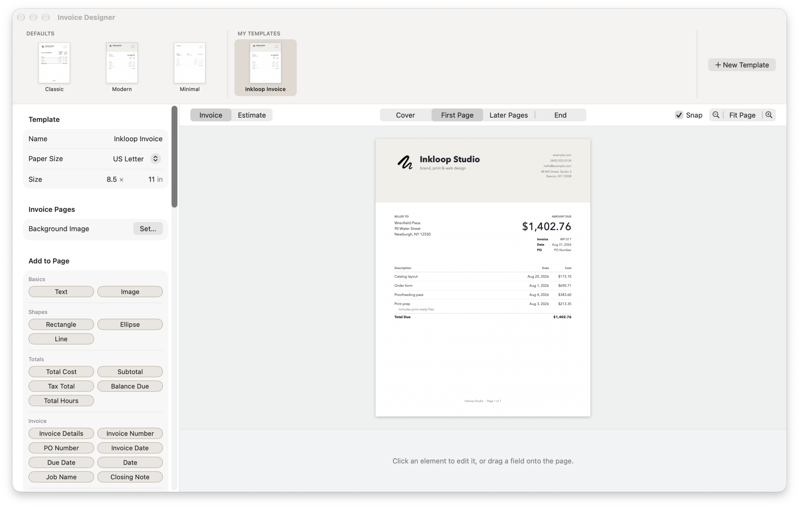 MoneyBug's invoice designer in light mode, with fields to add to the page