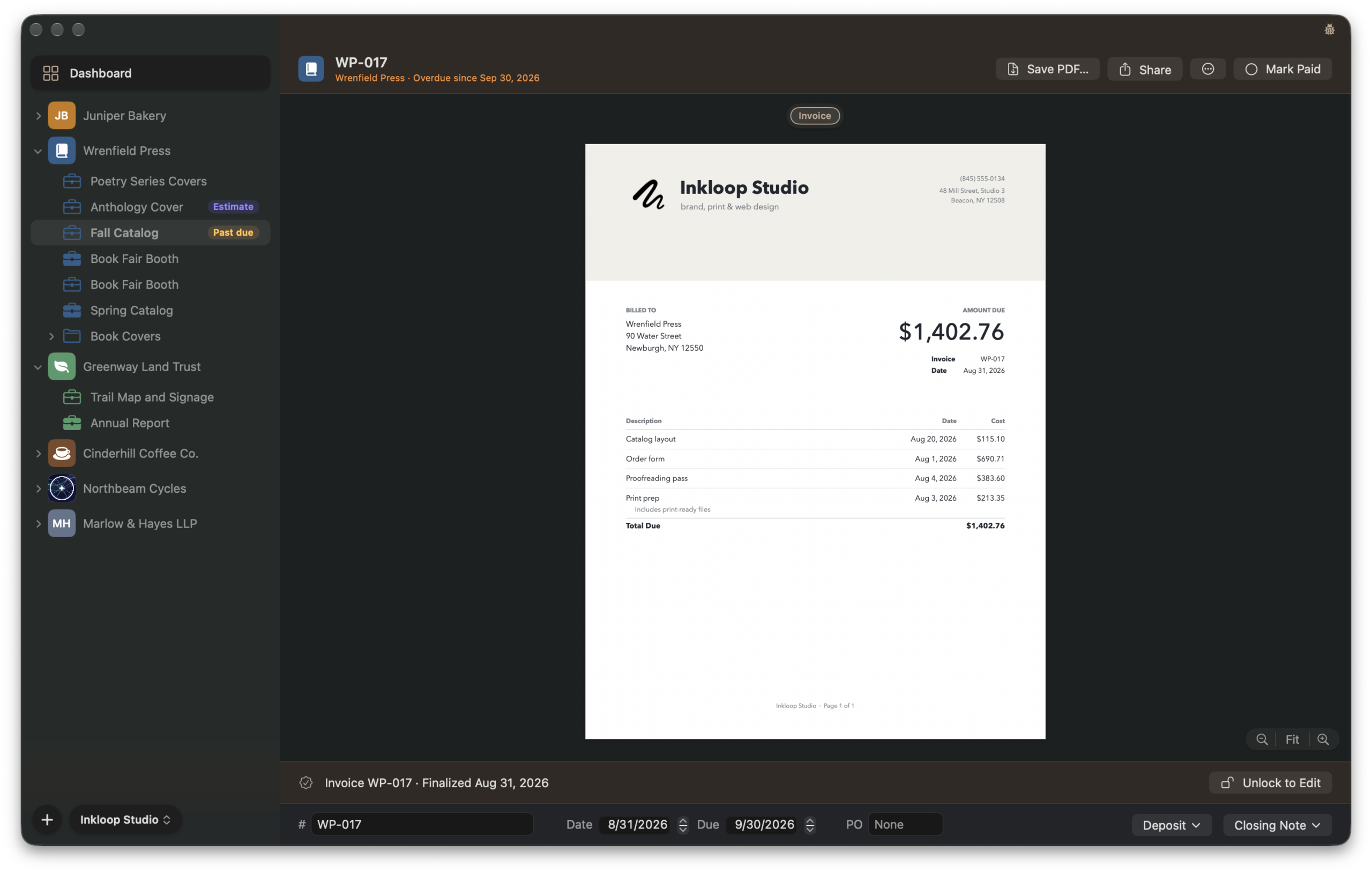 MoneyBug's invoice preview in dark mode, showing the PDF the client gets