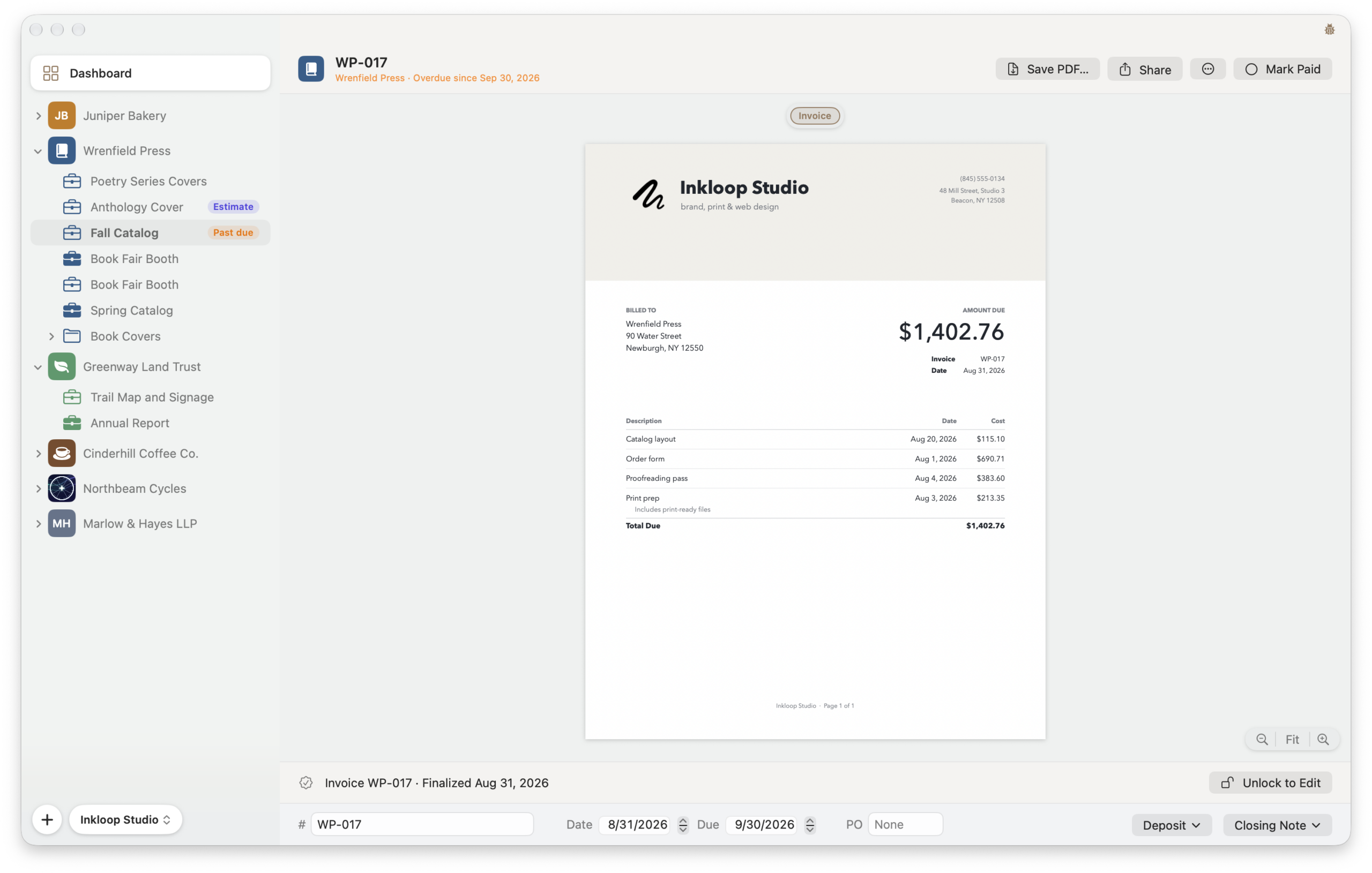 MoneyBug's invoice preview in light mode, showing the PDF the client gets
