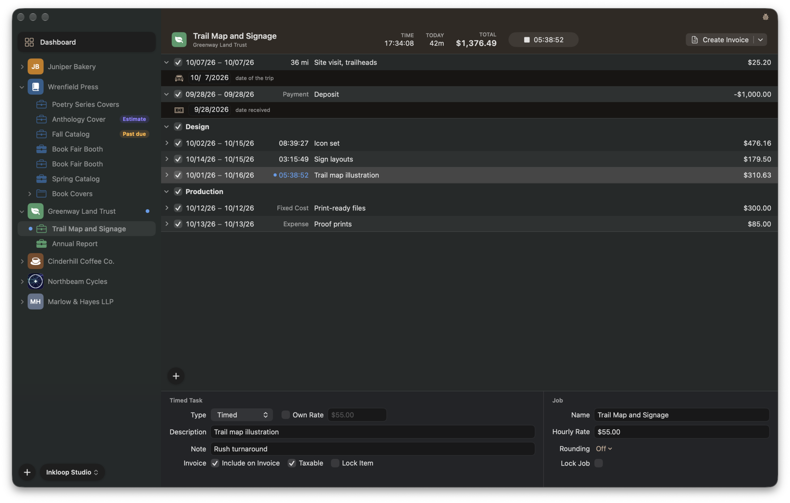 A job in MoneyBug in dark mode: timed items with a running timer, a fixed cost, an expense and mileage