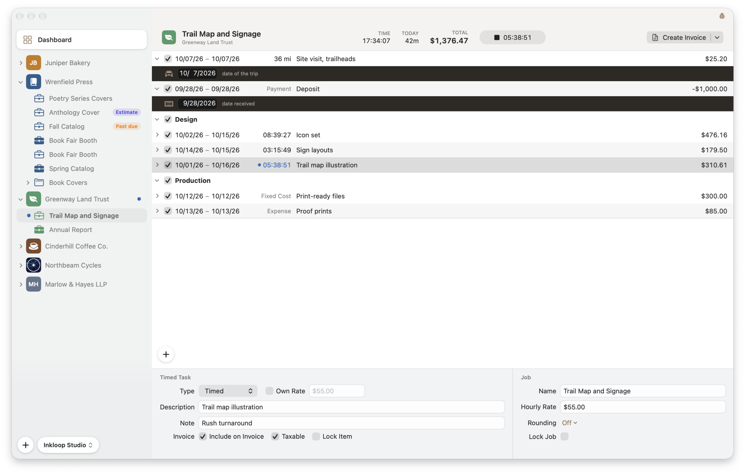 A job in MoneyBug in light mode: timed items with a running timer, a fixed cost, an expense and mileage